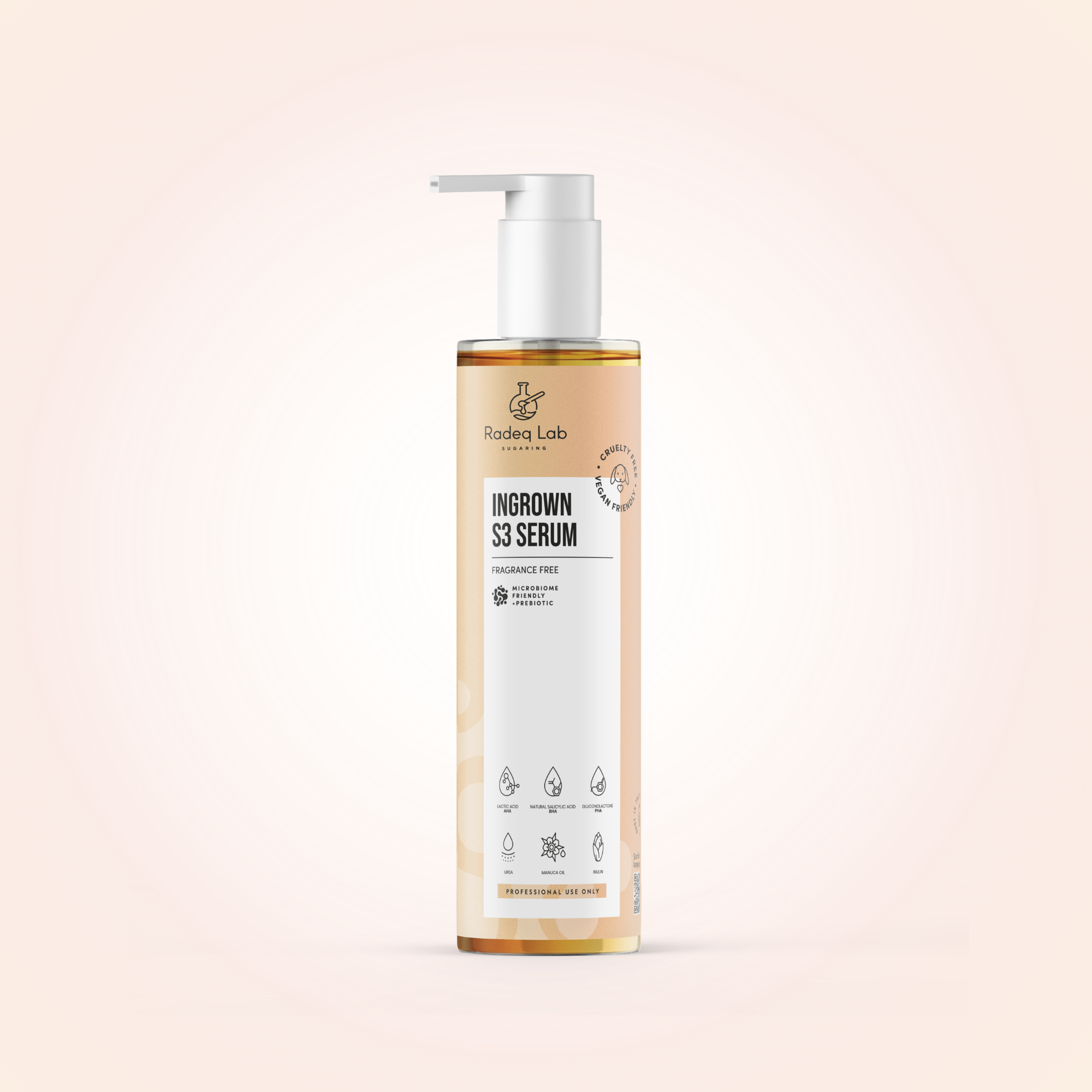 A bottle of Radeq Lab Ingrown S3 Serum with a white pump dispenser and a white label, containing a golden-amber liquid, set against a soft, pale peach-pink gradient background.