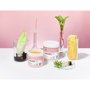 Two pink-labeled jars of Radeq Lab sugar paste are displayed on a white surface against a soft pink background, surrounded by natural ingredients including a corn cob, a green plant in a glass vase, and a green bean in a beaker, suggesting a natural or eco-friendly product identity.