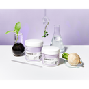 Two white plastic jars of Radeq Lab sugar paste with lavender labels are displayed on a white surface against a light purple background, styled with botanical props including a small plant in a glass vase, a glass flask, and a burdock root on a small dish.